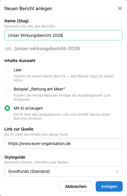 Dialog „Neuen Bericht anlegen“ mit ausgewählter Option „Mit KI erzeugen“ und Link-Feld (Prototyp)