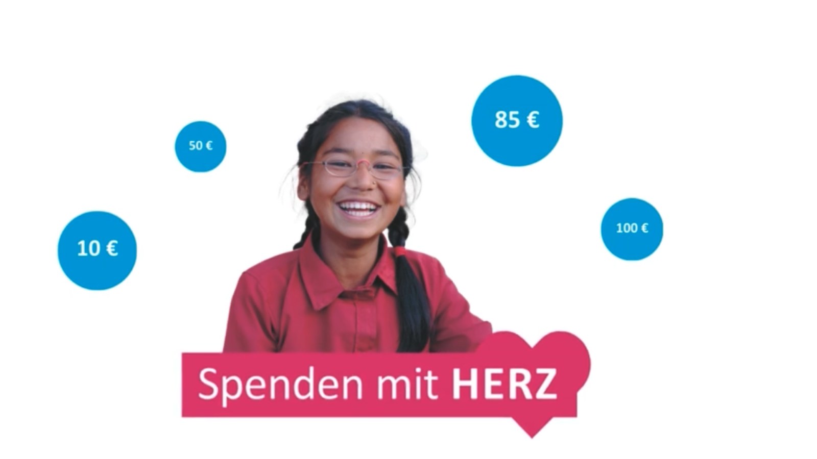 Kampagnenmotiv „Spenden mit HERZ“ von EinDollarBrille: ein lachendes Mädchen mit Brille, darum herum Spendenbeträge von 10 bis 100 Euro