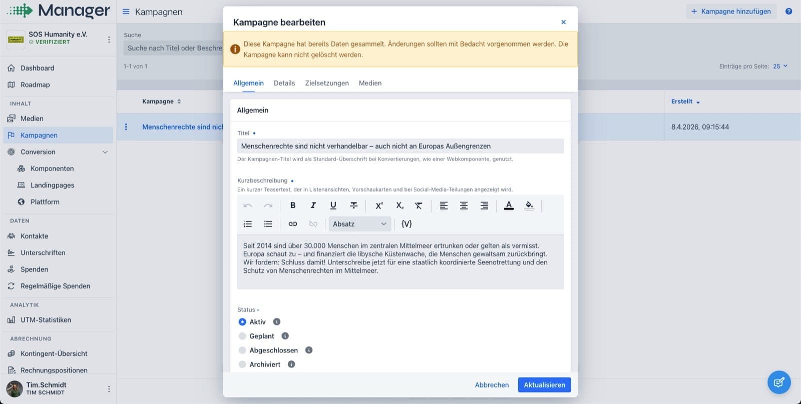 Der GoodFunds-Manager mit dem Editor für die Kampagnen-Grundinformationen der SOS-Humanity-Petition