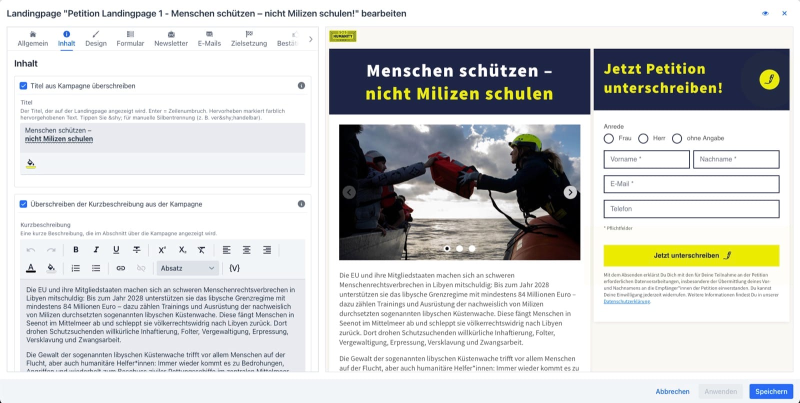 Der Landingpage-Editor von GoodFunds mit Live-Vorschau der Petitionsseite von SOS Humanity