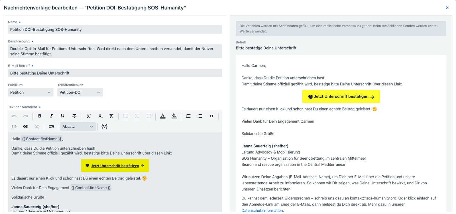 Der Editor für Nachrichtenvorlagen mit der Double-Opt-In-Bestätigungsmail und einer Live-Vorschau
