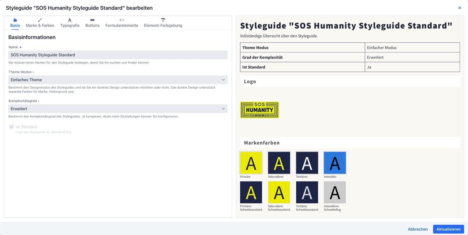Der Styleguide-Editor von GoodFunds mit den Markenfarben und dem Logo von SOS Humanity