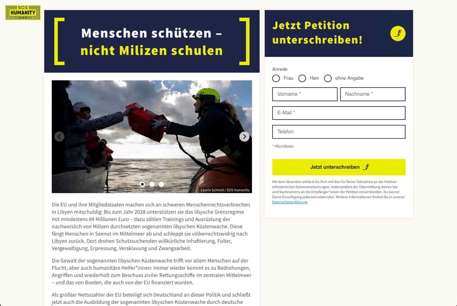 Screenshot der fertigen Petitionsseite „Menschen schützen – nicht Milizen schulen“ mit dem Unterschriften-Formular