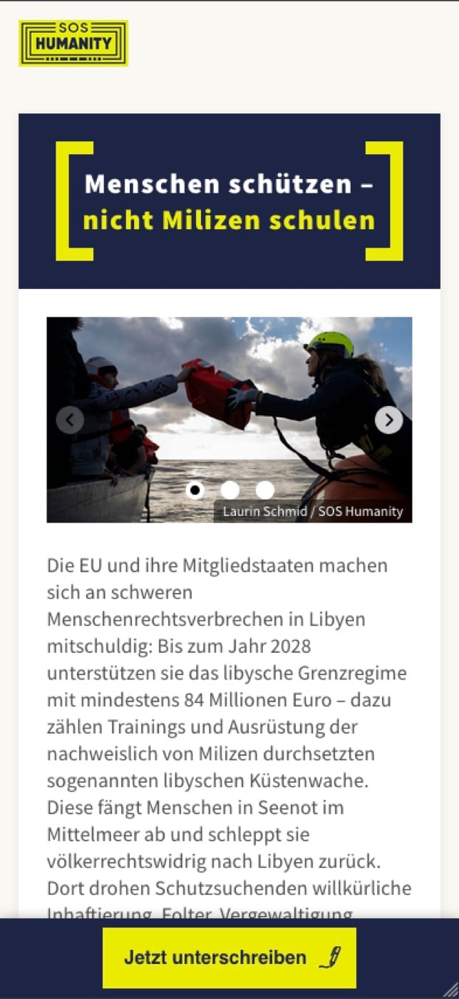 Die fertige Petitionsseite von SOS Humanity in der mobilen Ansicht auf einem Smartphone