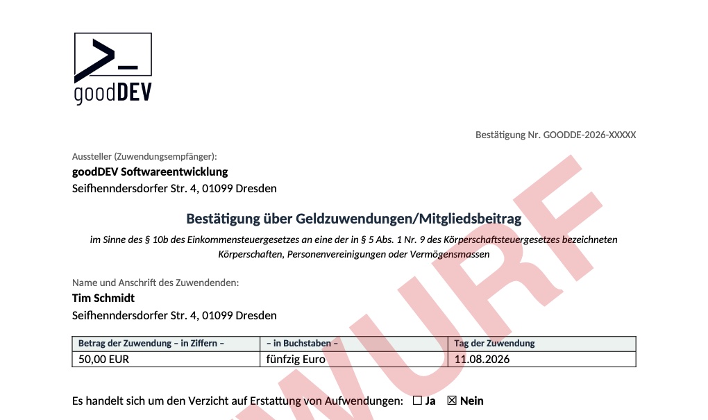 Entwurf einer Zuwendungsbestätigung mit Wasserzeichen ENTWURF, geöffnet aus der Spenden-Detailansicht