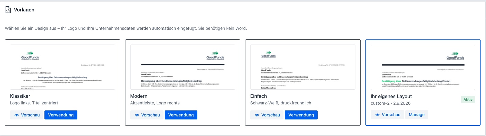Vorlagen-Galerie für Zuwendungsbestätigungen im GoodFunds-Manager mit drei Standardvorlagen und einem eigenen Layout
