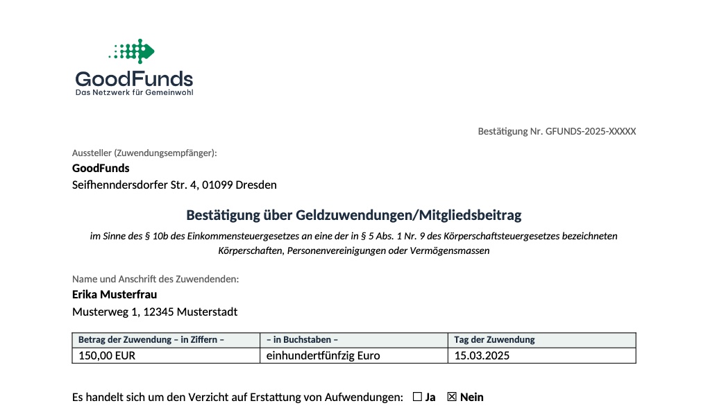 Beispiel einer Zuwendungsbestätigung mit Logo, Bestätigungsnummer, Aussteller, Zuwendendem und Betragstabelle